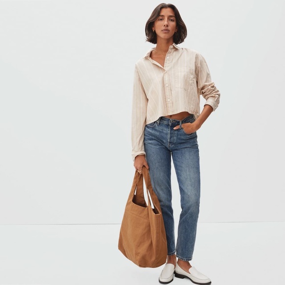 Everlane The Way-Short Shirt Cotton Beige Bone White Stripe Button Up Medium - Picture 3 of 11